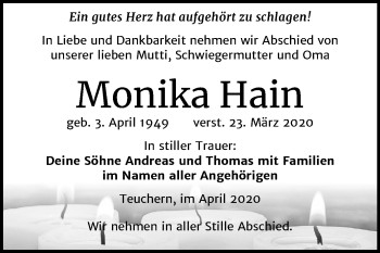 Traueranzeige von Monika Hain von Mitteldeutsche Zeitung Weißenfels