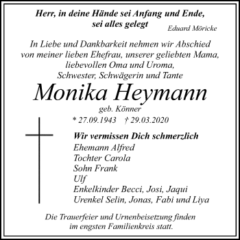 Traueranzeige von Monika Heymann von Mitteldeutsche Zeitung Wittenberg