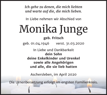 Traueranzeige von Monika Junge von Mitteldeutsche Zeitung Aschersleben