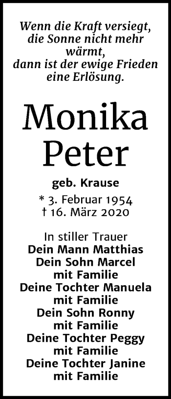 Traueranzeige von Monika Peter von Mitteldeutsche Zeitung Weißenfels