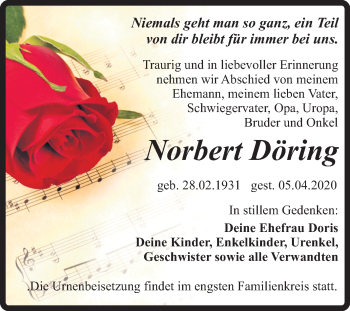 Traueranzeige von Norbert Döring von Mitteldeutsche Zeitung Quedlinburg
