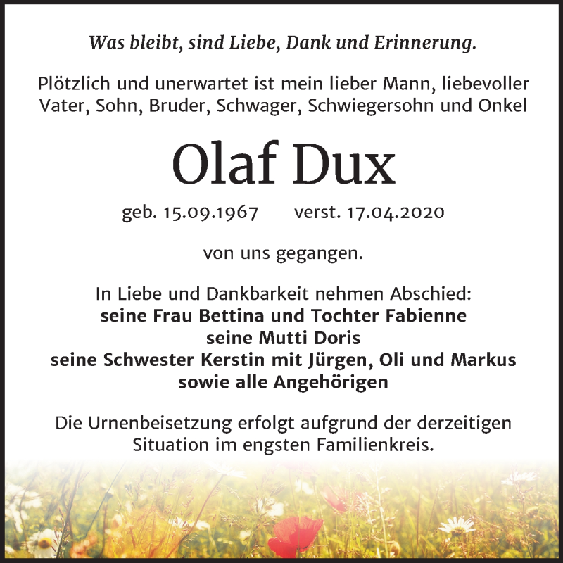  Traueranzeige für Olaf Dux vom 30.04.2020 aus Mitteldeutsche Zeitung Aschersleben