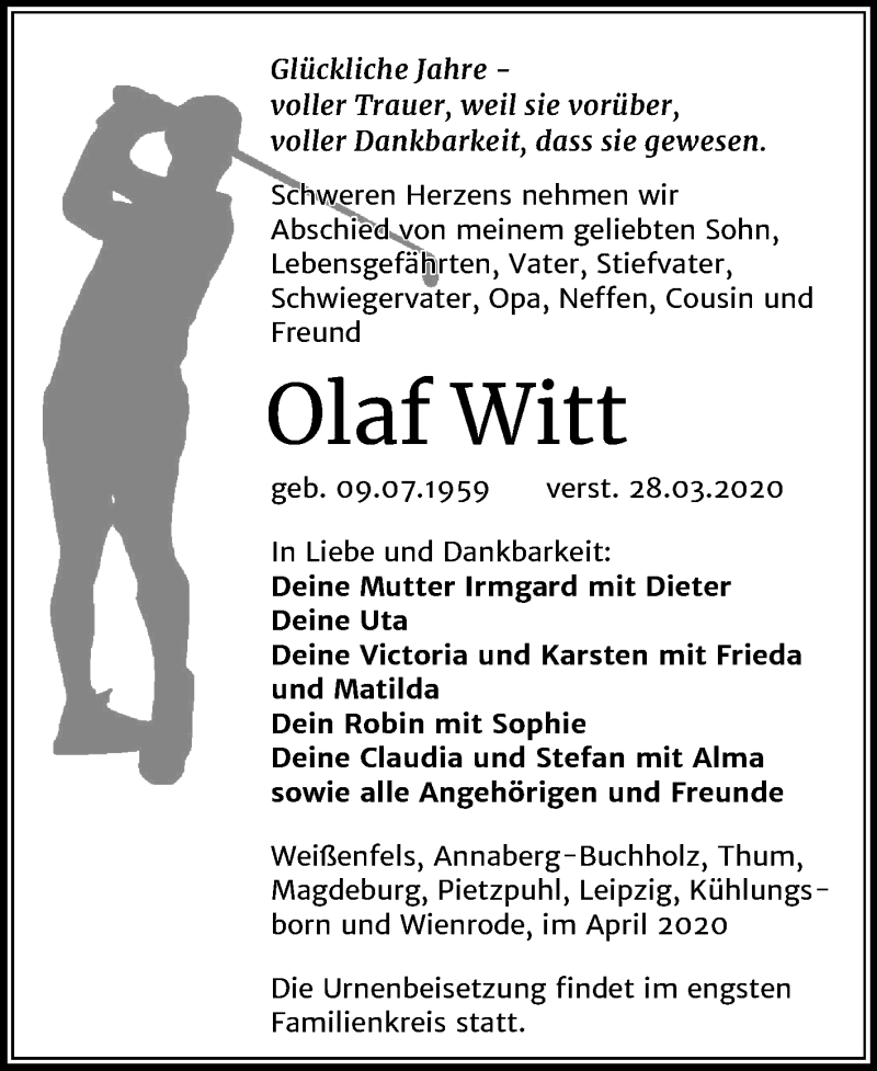  Traueranzeige für Olaf Witt vom 04.04.2020 aus Super Sonntag Weißenfels