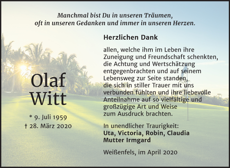  Traueranzeige für Olaf Witt vom 25.04.2020 aus Super Sonntag Weißenfels