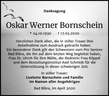 Traueranzeige von Oskar Werner Bornschein von Mitteldeutsche Zeitung Naumburg/Nebra