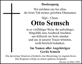 Traueranzeige von Otto Semsch von Super Sonntag Dessau-Roßlau