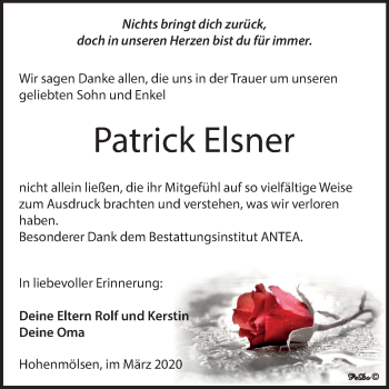 Traueranzeige von Patrick Elsner von Mitteldeutsche Zeitung Weißenfels