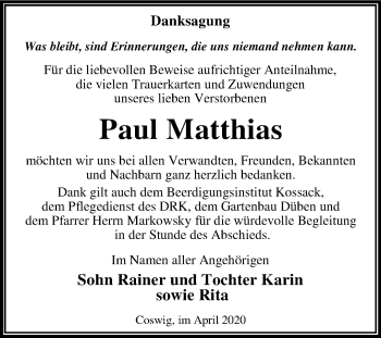 Traueranzeige von Paul Matthias von Super Sonntag Dessau-Roßlau