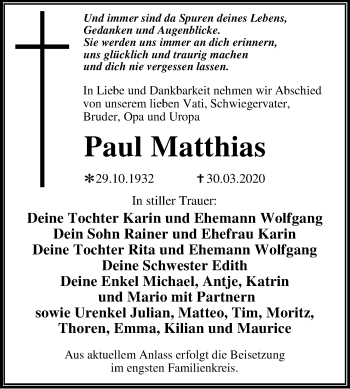 Traueranzeige von Paul Matthias von Mitteldeutsche Zeitung Dessau-Roßlau / Wittenberg