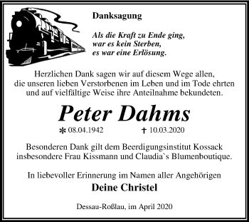 Traueranzeige von Peter Dahms von Mitteldeutsche Zeitung Dessau-Roßlau