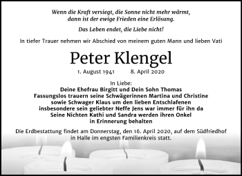 Traueranzeige von Peter Klengel von Mitteldeutsche Zeitung Halle/Saalkreis