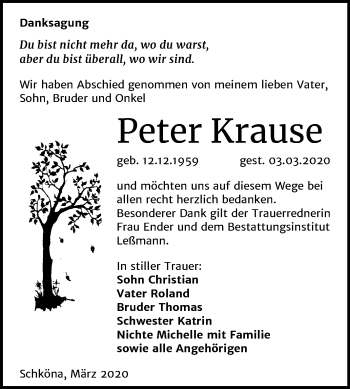 Traueranzeige von Peter Krause von Mitteldeutsche Zeitung Wittenberg
