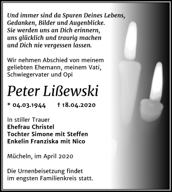 Traueranzeige von Peter Lißewski von Super Sonntag Merseburg/Querfurt