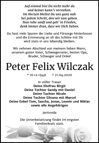 Traueranzeige von Peter Felix Wilczak von Super Sonntag Naumburg/Nebra