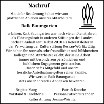 Traueranzeige von Raik Baumgarten von Mitteldeutsche Zeitung Dessau-Roßlau / Wittenberg