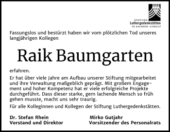 Traueranzeige von Raik Baumgarten von Super Sonntag Wittenberg