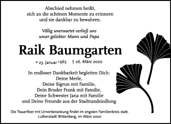 Traueranzeige von Raik Baumgarten von Super Sonntag Wittenberg