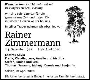 Traueranzeige von Rainer Zimmermann von Super Sonntag Zeitz