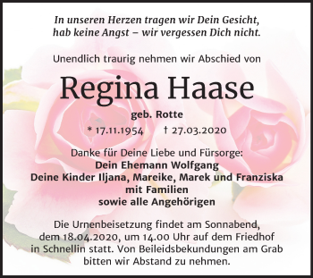Traueranzeige von Regina Haase von Super Sonntag Wittenberg