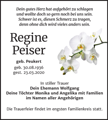 Traueranzeige von Regine Peiser von Mitteldeutsche Zeitung Bitterfeld