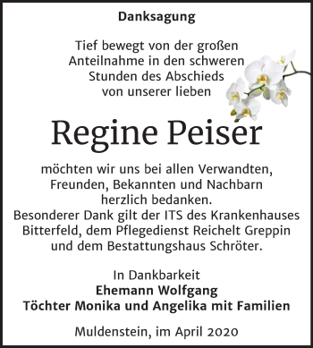 Traueranzeige von Regine Peiser von Mitteldeutsche Zeitung Bitterfeld