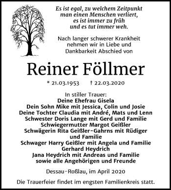 Traueranzeige von Reiner Föllmer von Mitteldeutsche Zeitung Dessau-Roßlau