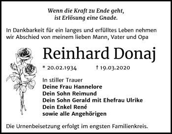 Traueranzeige von Reinhard Donaj von Mitteldeutsche Zeitung Bitterfeld