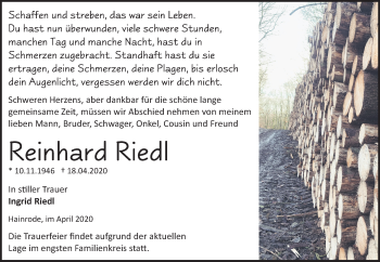 Traueranzeige von Reinhard Riedl von Mitteldeutsche Zeitung Sangerhausen