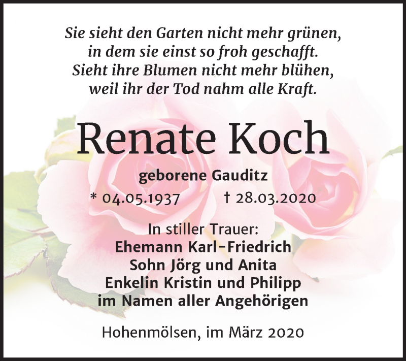  Traueranzeige für Renate Koch vom 04.04.2020 aus Mitteldeutsche Zeitung Weißenfels