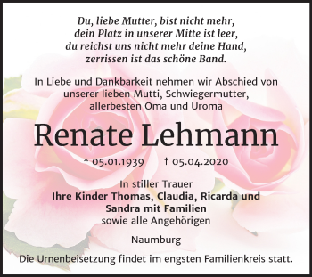 Traueranzeige von Renate Lehmann von Mitteldeutsche Zeitung Naumburg/Nebra