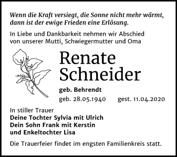 Traueranzeige von Renate Schneider von Mitteldeutsche Zeitung Bitterfeld
