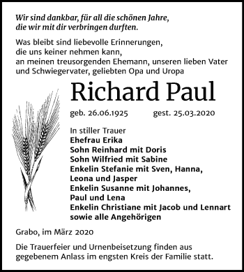 Traueranzeige von Richard Paul von Super Sonntag Wittenberg