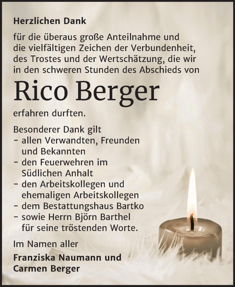  Traueranzeige für Rico Berger vom 25.04.2020 aus Super Sonntag Köthen