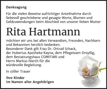 Traueranzeige von Rita Hartmann von Super Sonntag Zeitz