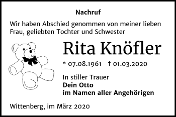 Traueranzeige von Rita Knöfler von Mitteldeutsche Zeitung Wittenberg