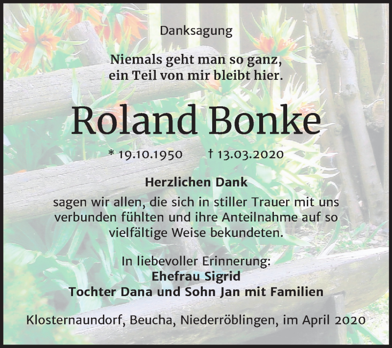  Traueranzeige für Roland Bonke vom 25.04.2020 aus Mitteldeutsche Zeitung Sangerhausen