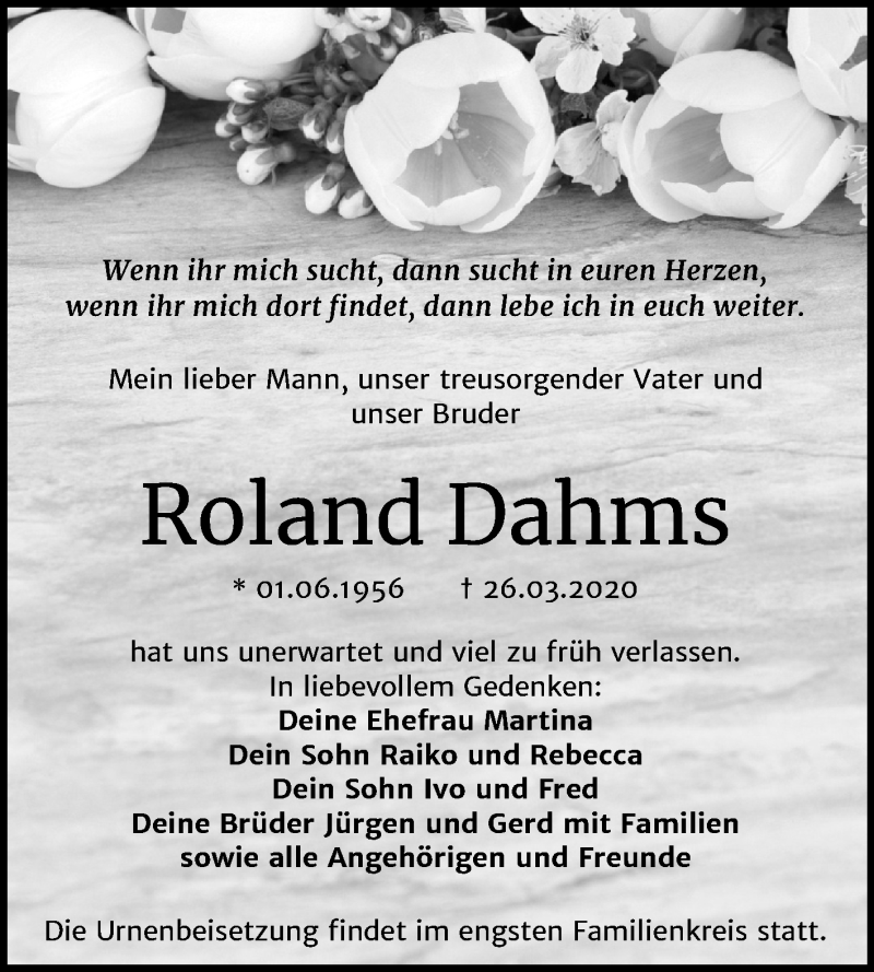 Traueranzeige für Roland Dahms vom 18.04.2020 aus Mitteldeutsche Zeitung Mansfelder Land