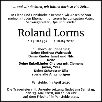 Traueranzeige von Roland Lorms von Mitteldeutsche Zeitung Quedlinburg