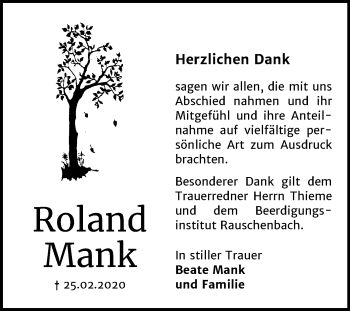 Traueranzeige von Roland Mank von Mitteldeutsche Zeitung Naumburg/Nebra