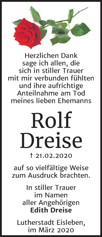 Traueranzeige von Rolf Dreise von Super Sonntag Mansfelder Land