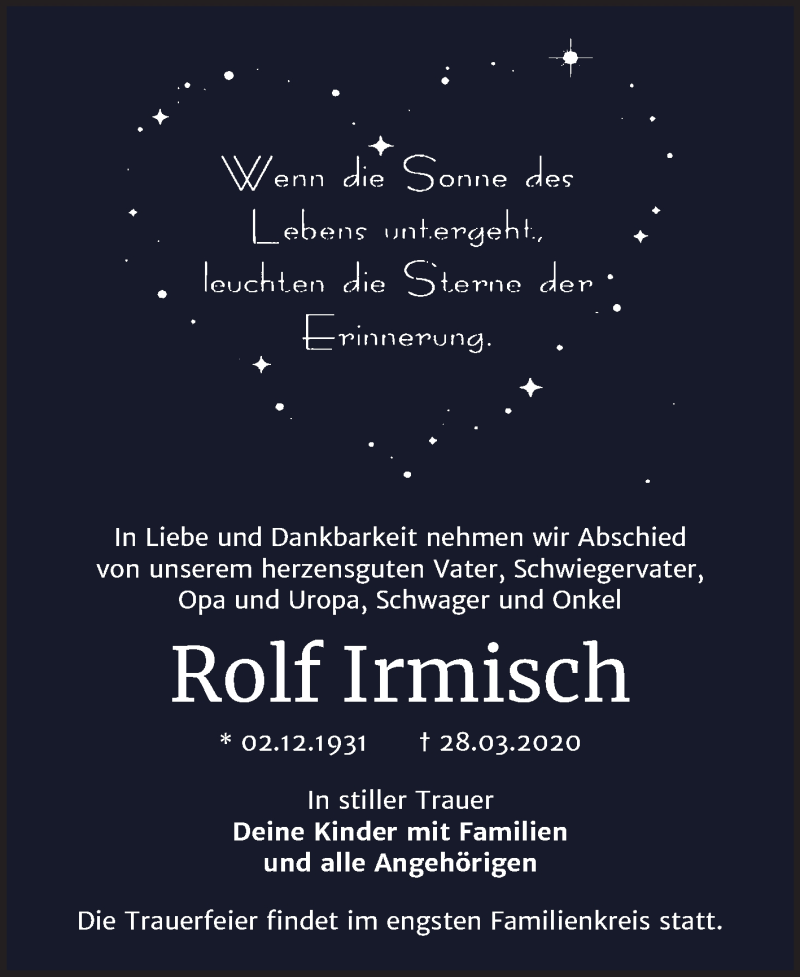 Traueranzeige für Rolf Irmisch vom 04.04.2020 aus Mitteldeutsche Zeitung Mansfelder Land