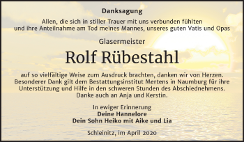 Traueranzeige von Rolf Rübestahl von Super Sonntag Zeitz