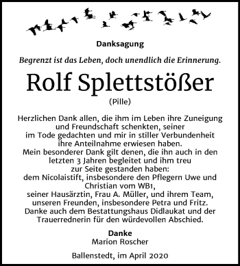 Traueranzeige von Rolf Splettstößer von Super Sonntag Quedlinburg