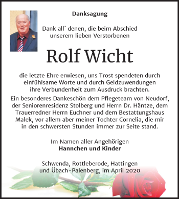 Traueranzeige von Rolf Wicht von Mitteldeutsche Zeitung Sangerhausen