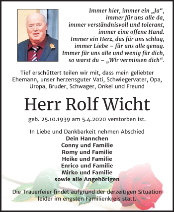 Traueranzeige von Rolf Wicht von Super Sonntag Sangerhausen