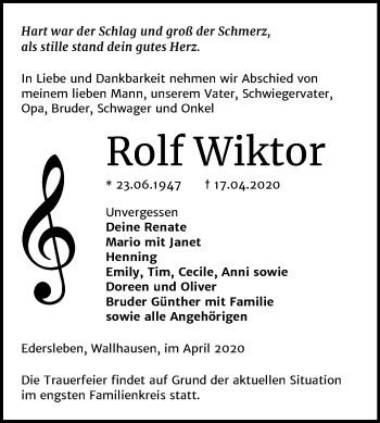 Traueranzeige von Rolf Wiktor von Mitteldeutsche Zeitung Sangerhausen
