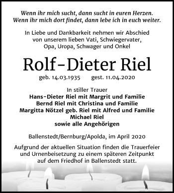 Traueranzeige von Rolf Dieter Riel von Mitteldeutsche Zeitung Quedlinburg