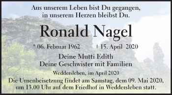 Traueranzeige von Ronald Nagel von Super Sonntag Quedlinburg