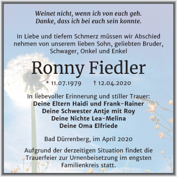 Traueranzeige von Ronny Fiedler von Super Sonntag Merseburg/Querfurt