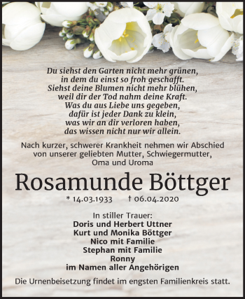 Traueranzeige von Rosamunde Böttger von Super Sonntag Sangerhausen
